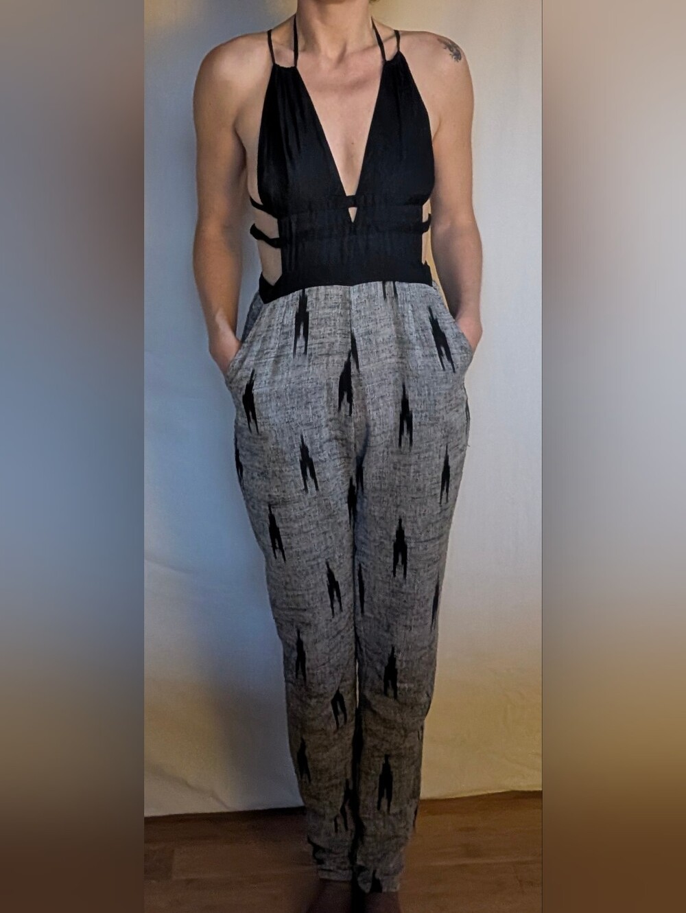 ZhenNymph Black Halter Bodice And Gray Pants Jumpsuit